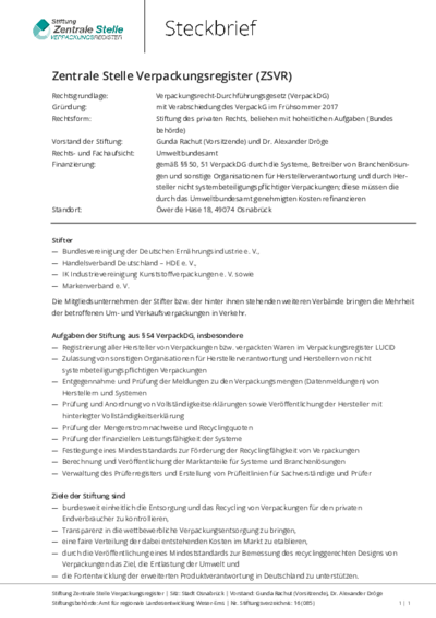 Beim Anklicken öffnet sich die PDF Steckbrief Zentrale Stelle Verpackungsregister (ZSVR) in einem neuen Fenster. 