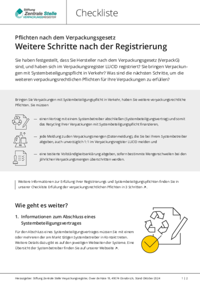 Beim Anklicken öffnet sich die PDF Checkliste: Weitere Schritte nach der Registrierung in einem neuen Fenster.