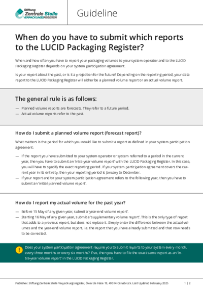 Click to open the PDF instructions: Guidelines: When do you have to submit which reports to the LUCID Packaging Register?