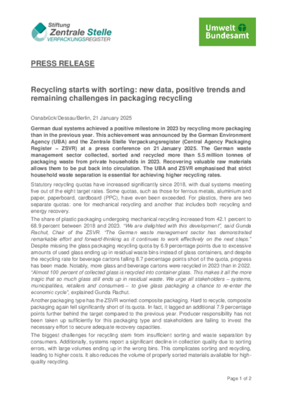 Click to download the PDF press release: Recycling starts with sorting: new data, positive trends and remaining challenges in packaging recycling in a new window. 