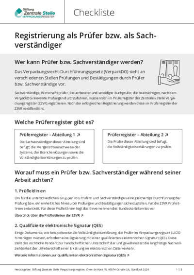 Beim Anklicken öffnet sich die PDF Checkliste: Registrierung als Prüfer bzw. als Sachverständiger in einem neuen Fenster.