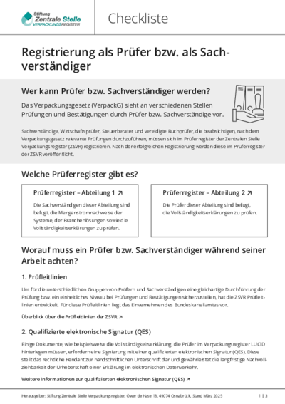 Beim Anklicken öffnet sich die PDF Checkliste: Registrierung als Prüfer bzw. als Sachverständiger in einem neuen Fenster.