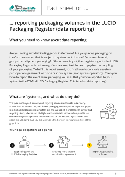 Click to open the PDF instructions: Fact sheet on reporting packaging volumes in the LUCID Packaging Register (data reporting)