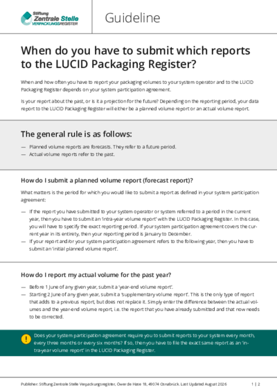 Click to open the PDF instructions: Guidelines: When do you have to submit which reports to the LUCID Packaging Register?