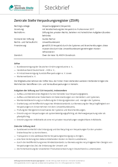 Beim Anklicken öffnet sich die PDF Steckbrief Zentrale Stelle Verpackungsregister (ZSVR) in einem neuen Fenster. 