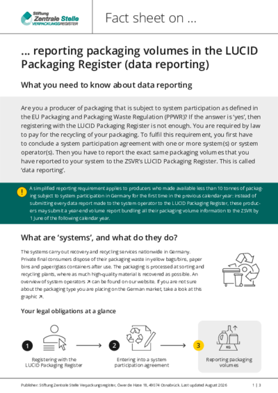 Click to open the PDF instructions: Fact sheet on reporting packaging volumes in the LUCID Packaging Register (data reporting)
