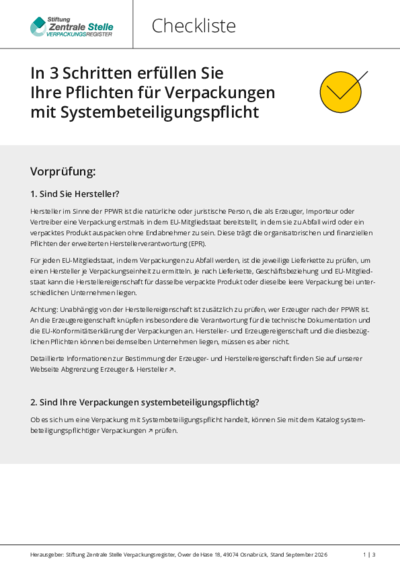 Beim Anklicken öffnet sich die PDF Checkliste: Erfüllung der verpackungsrechtlichen Pflichten in 3 Schritten in einem neuen Fenster.