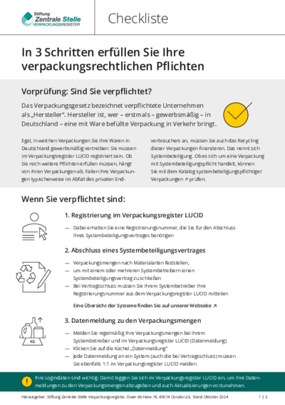 Beim Anklicken öffnet sich die PDF Checkliste: Erfüllung der verpackungsrechtlichen Pflichten in 3 Schritten in einem neuen Fenster.